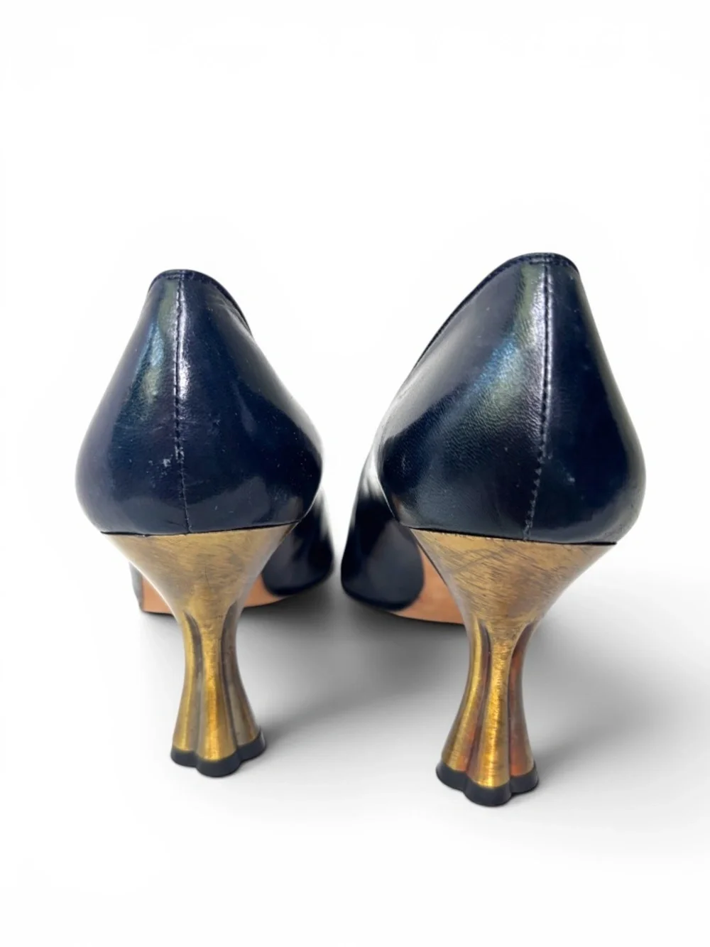 The Architecture Pump | Timothy Hitsman Navy Leather and Gold Sculptural‎ Heels